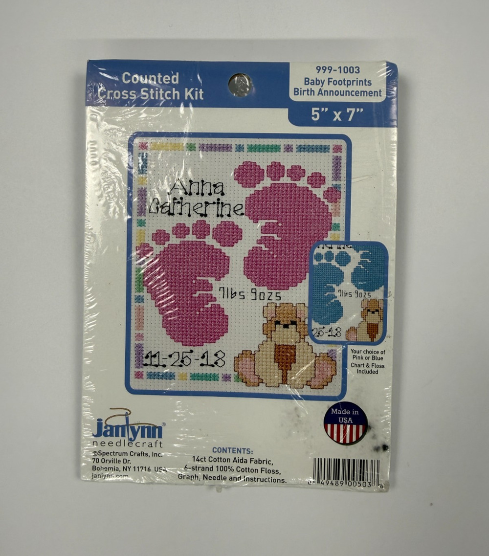 Janlynn Baby Footprints Birth Announcement Cross Stitch Kit 999-1003 Bear Infant